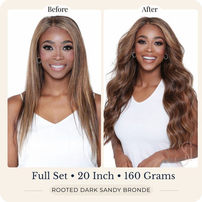 Before and after front view of Seventh Heaven Rooted Dark Sandy Bronde clip-in hair extensions, full set, 20 inch, 160 grams.