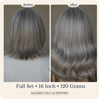 Before and after back view of Seventh Heaven Sacred Salt and Pepper clip-in hair extensions, full set, 16 inch, 120 grams.