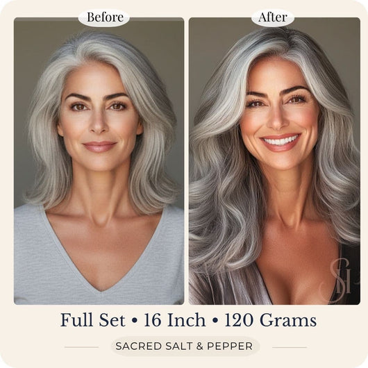 Before and after front view of Seventh Heaven Sacred Salt and Pepper clip-in hair extensions, full set, 16 inch, 120 grams.
