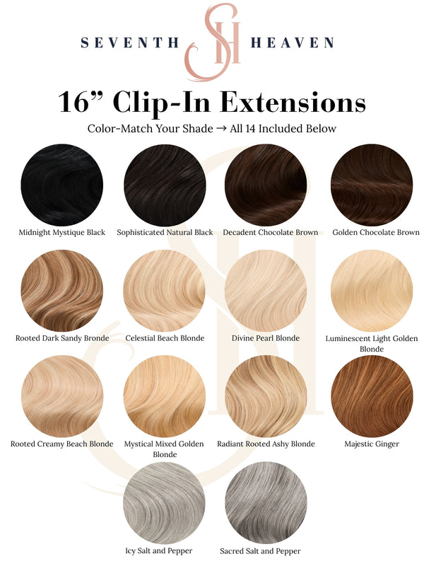 Seventh Heaven 16-inch clip-in hair extensions color chart featuring all 14 shades including blondes, brunettes, blacks, reds, and grays.