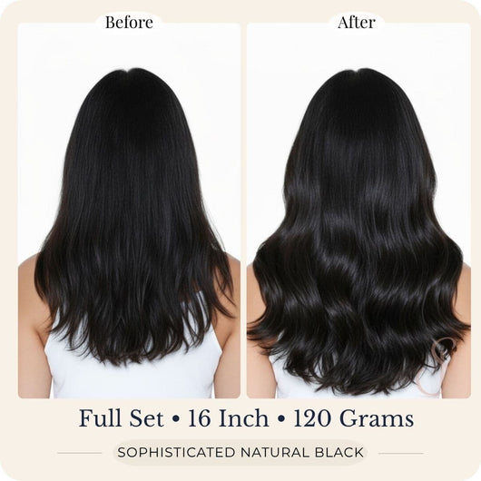 Before and after back view of Seventh Heaven Sophisticated Natural Black clip-in hair extensions, full set, 16 inch, 120 grams.