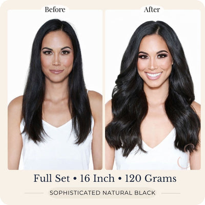 Before and after front view of Seventh Heaven Sophisticated Natural Black clip-in hair extensions, full set, 16 inch, 120 grams.