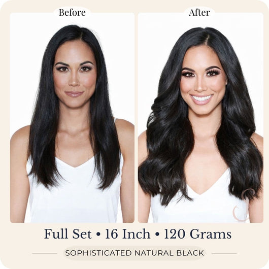 Before and after front view of Seventh Heaven Sophisticated Natural Black clip-in hair extensions, full set, 16 inch, 120 grams.
